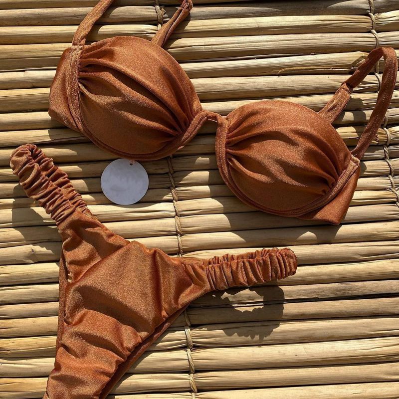 Fashion Khaki Nylon Pleated Tankini Swimsuit Bikini