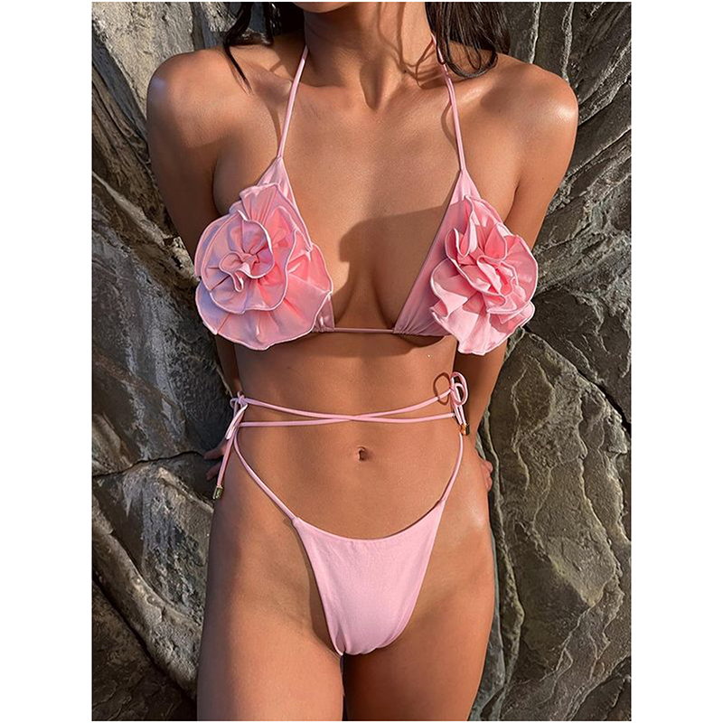 Fashion Pink Nylon Three-dimensional Flower Split Swimsuit Bikini