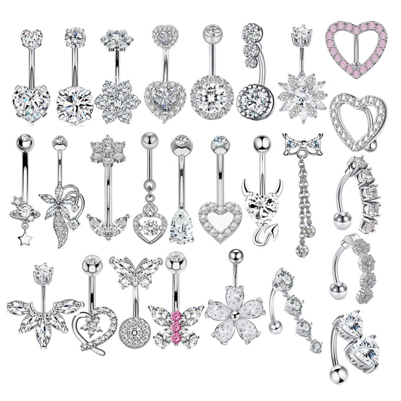 Clavo Piercing De Ombligo Geométrico De Acero Inoxidable Con Diamantes Incrustados