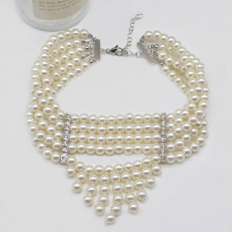 Collar De Perlas Con Cuentas Y Diamantes En Varias Capas