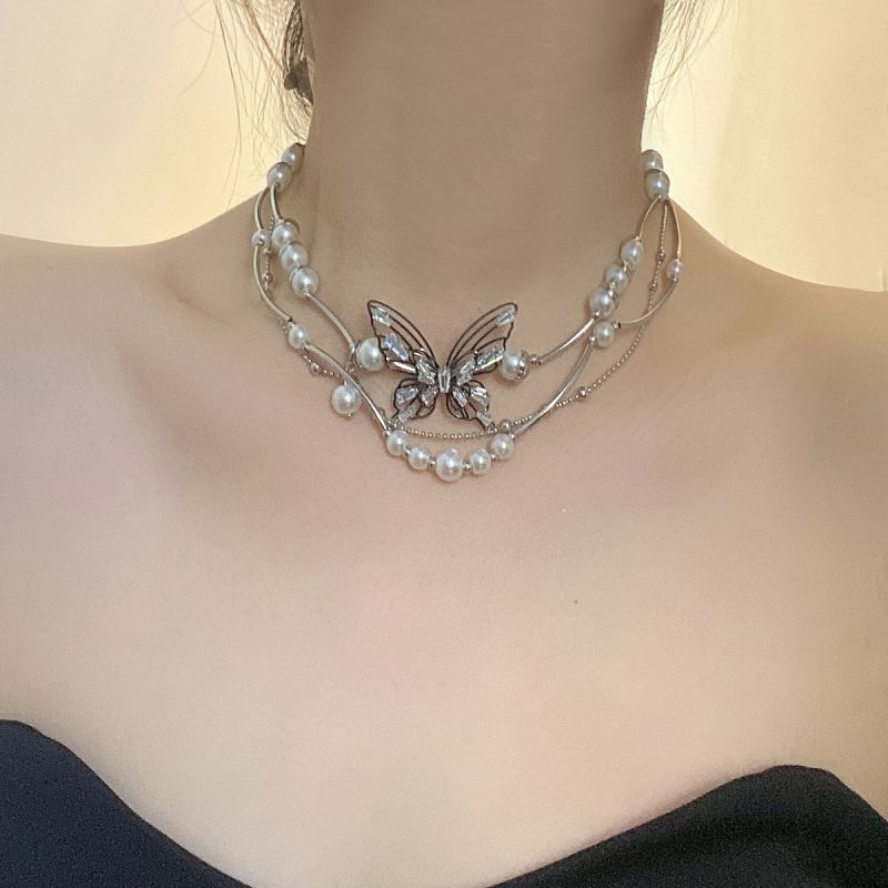 Collar De Doble Capa De Mariposa Y Perlas De Aleación