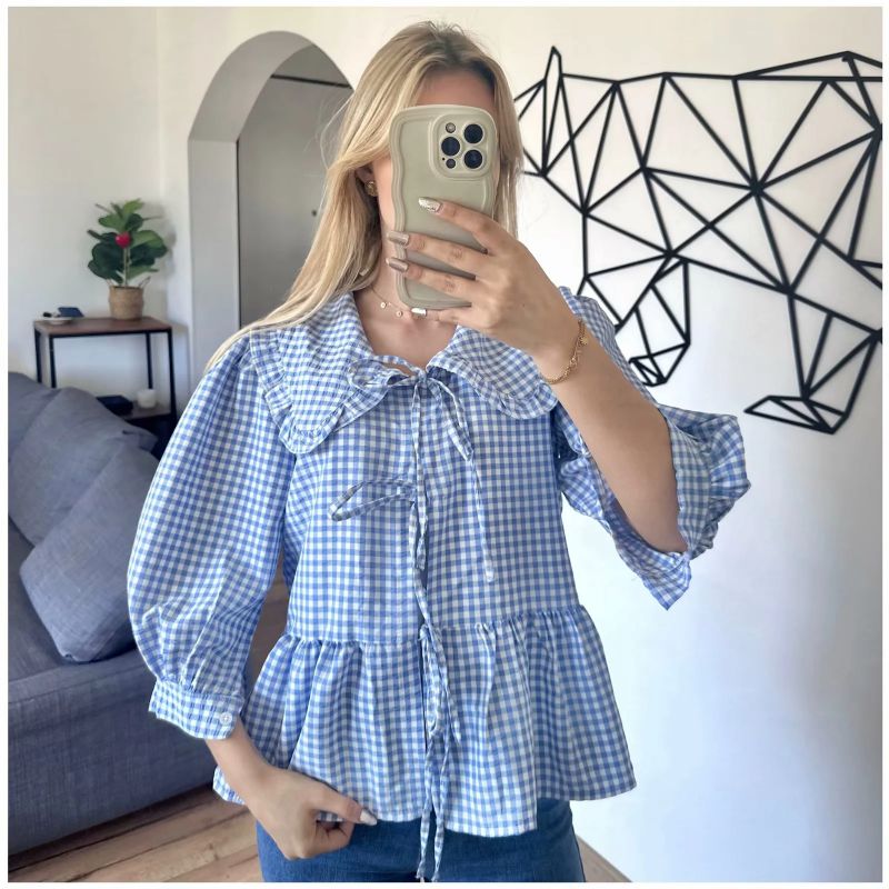 Fashion Blue Plaid Lapel Lace-up Shirt