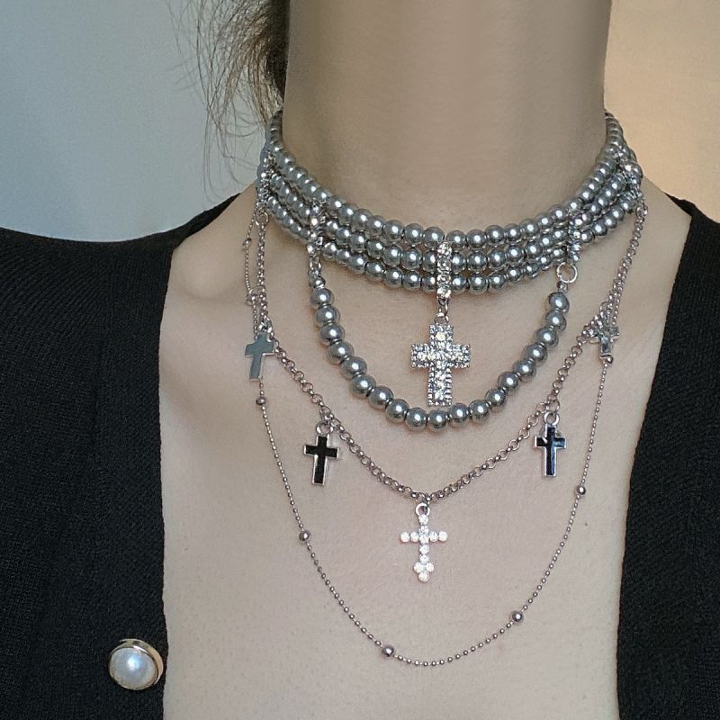 Collar De Cruz De Diamantes Con Cuentas De Perlas De Aleación