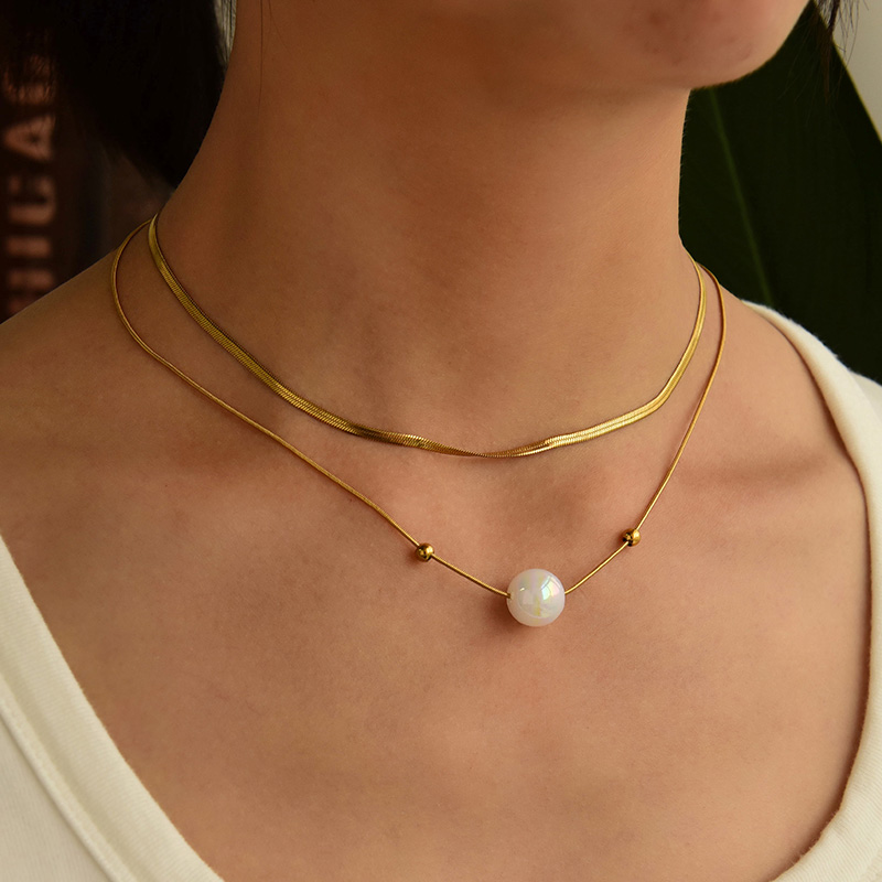 Collar De Cadena De Hueso De Serpiente Con Colgante De Perlas De Doble Capa De Acero De Titanio