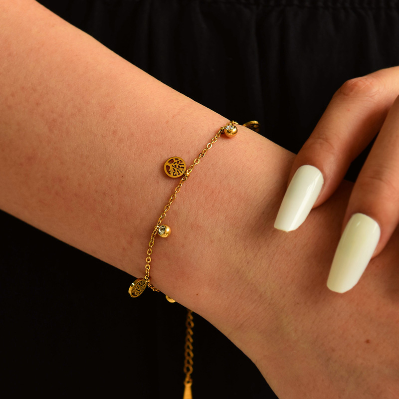 Pulsera Con Colgante De Árbol De La Vida De Circonio Con Incrustaciones De Acero Y Titanio