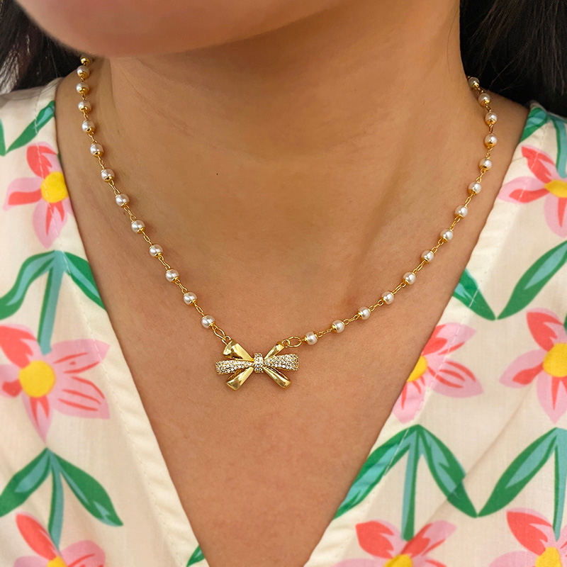 Fashion Gold Copper Set Zircon Bow Pendant Pearl Necklace