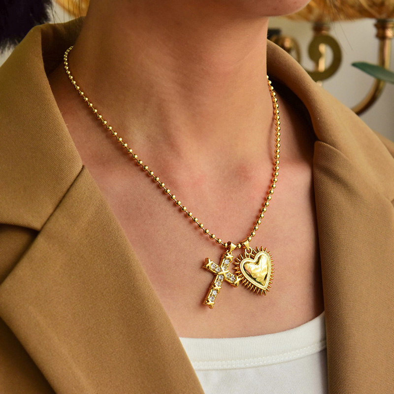 Fashion Gold Copper Inlaid Zircon Love Cross Pendant Bead Necklace