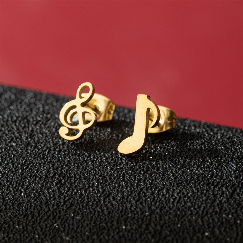 Fashion Gold Stainless Steel Musical Symbol Asymmetric Stud Earrings
