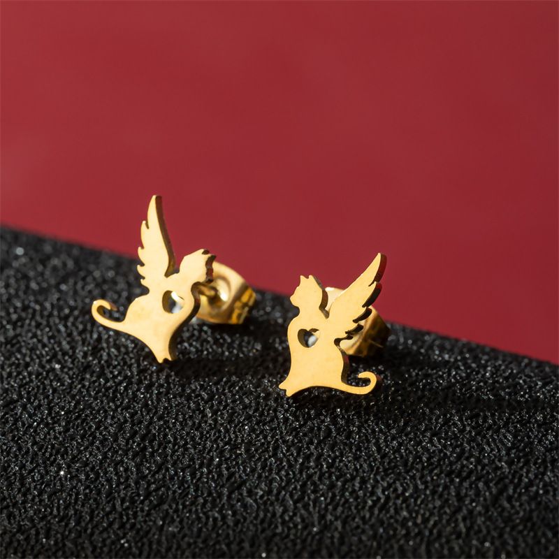 Fashion Gold Stainless Steel Wing Flying Cat Earrings