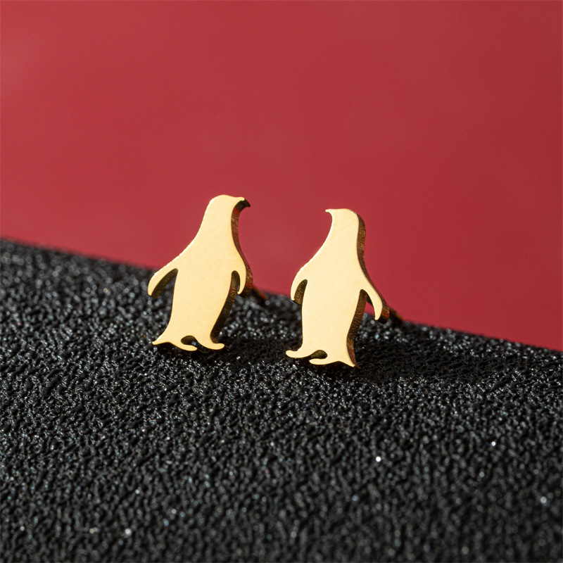 Fashion Gold Stainless Steel Little Penguin Earrings