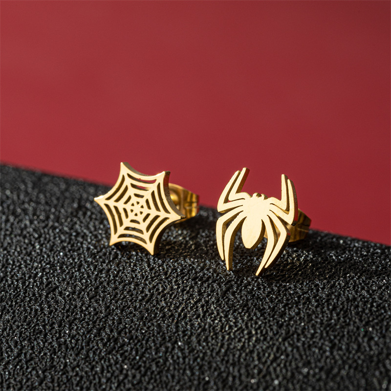 Fashion Gold Stainless Steel Spider Web Asymmetric Stud Earrings