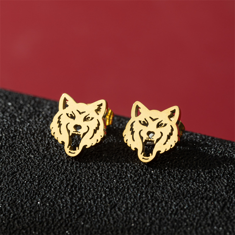 Fashion Gold Stainless Steel Wolf Head Earrings