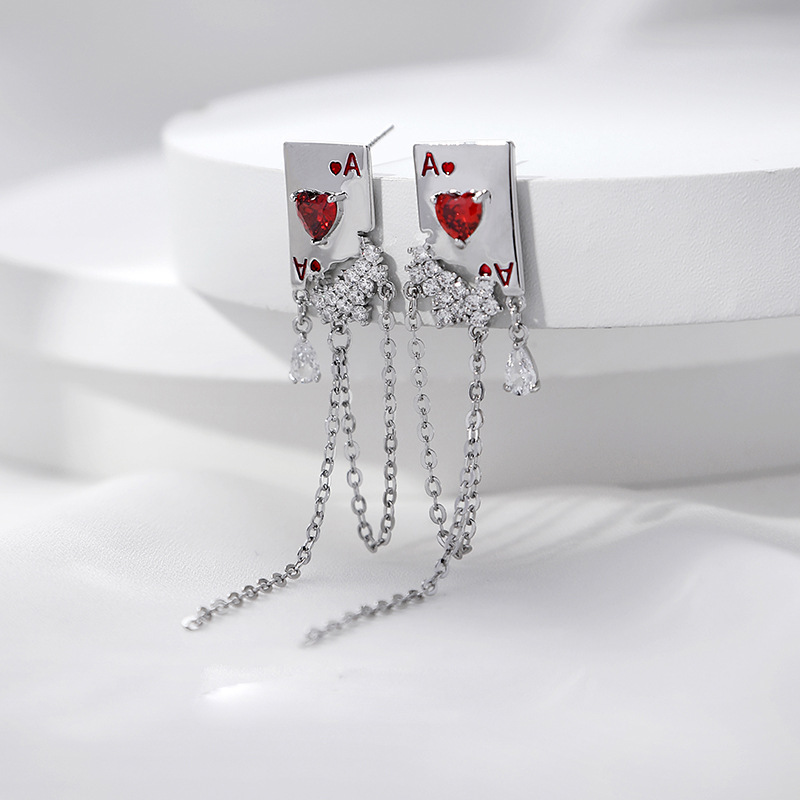 Fashion Silver Copper Diamond Tassel Poker Earrings