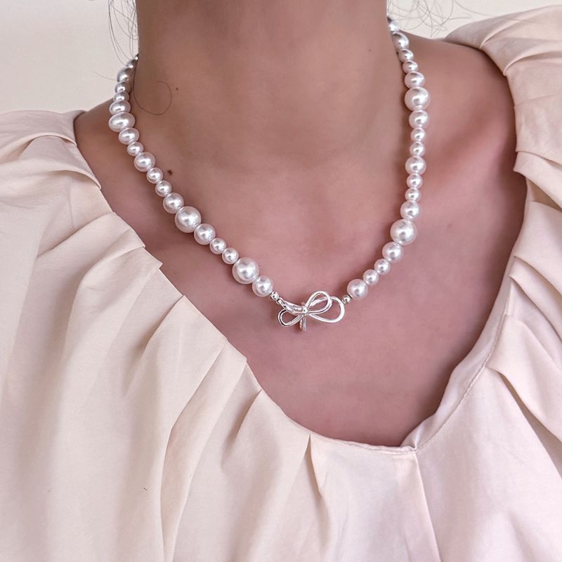 Fashion White Pearl Necklace Gold Plated Pearl Beaded Bow Necklace