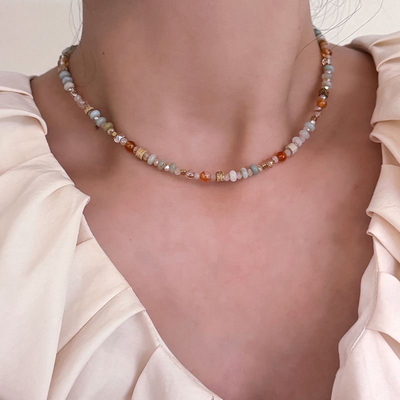 Fashion Natural Stone Crystal Necklace Plated With Real Gold Colorful Crystal Beaded Necklace