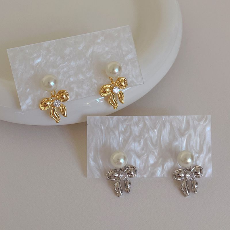 Fashion Gold Bow Earrings 925 Silver Needle Plated With Real Gold Copper Diamond Bow Pearl Earrings