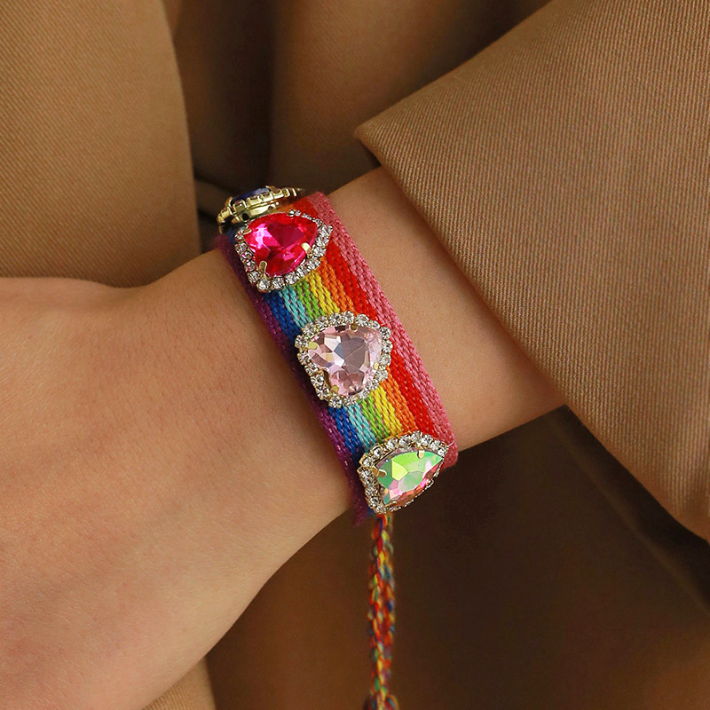 Fashion Color Diamond Heart Contrast Braided Tassel Bracelet
