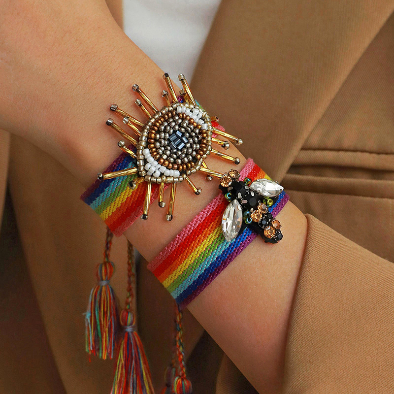 Fashion Color 1 Diamond Bee Contrast Braided Tassel Bracelet