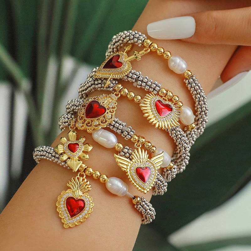 Fashion Golden 1 Copper Inlaid Zircon Irregular Oil Drop Love Pendant Beaded Pearl Bracelet