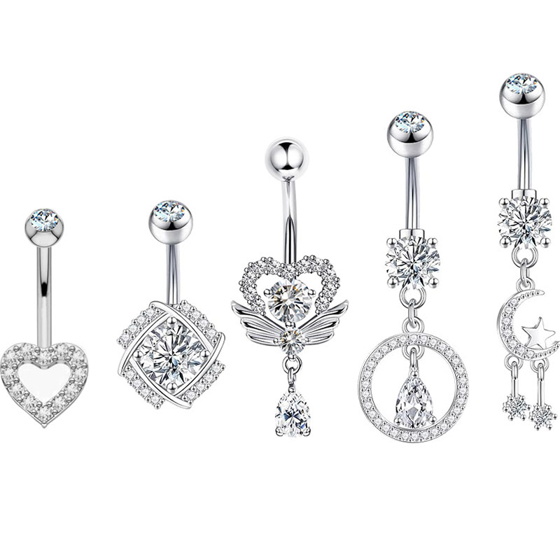 Clavo Piercing De Ombligo Geométrico De Acero Inoxidable Con Diamantes Incrustados