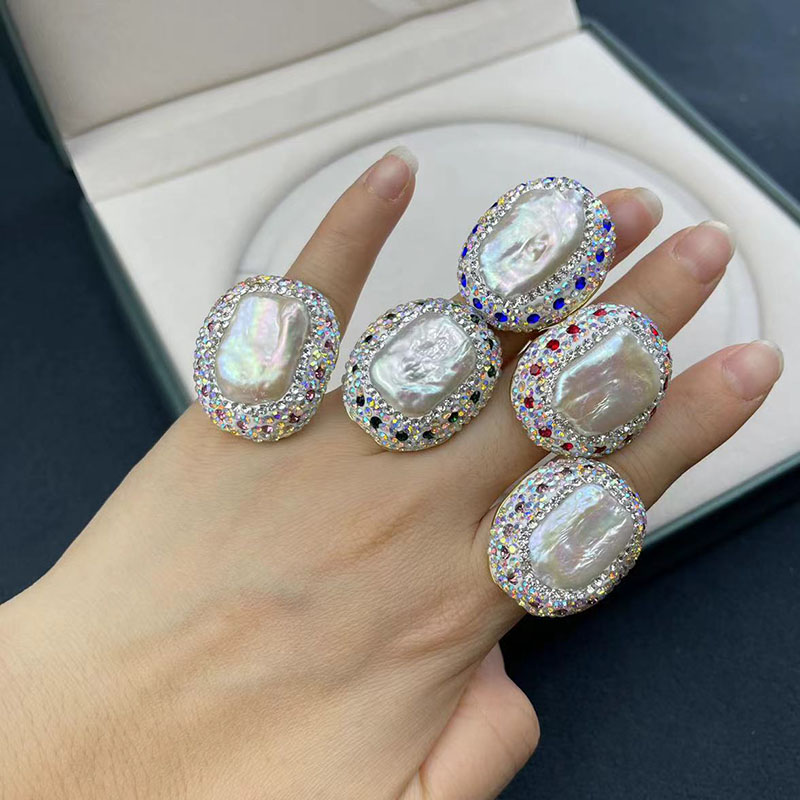 Fashion Dark Green Geometric Diamond And Pearl Open Ring