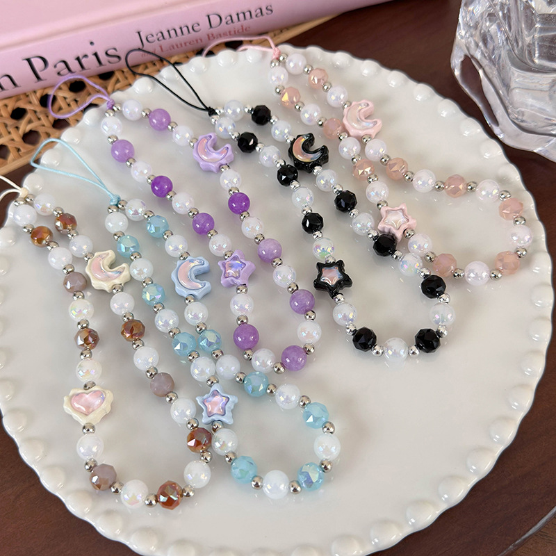 Fashion A Pink Version Geometric Pearl Beads Star Moon Mobile Phone Chain