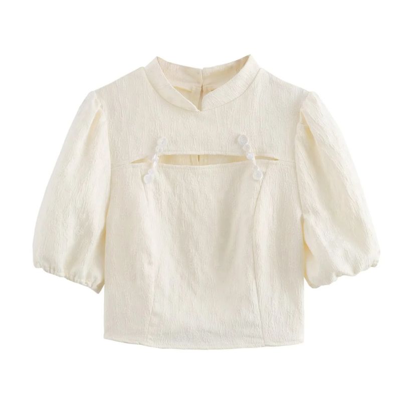 Top Hueco Con Botones Y Cuello Alto Con Mangas Abullonadas