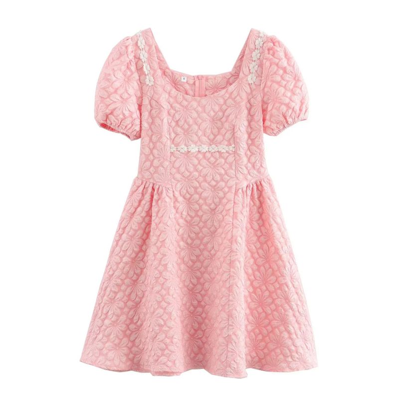 Falda Corta Manga Abullonada En Jacquard De Poliéster