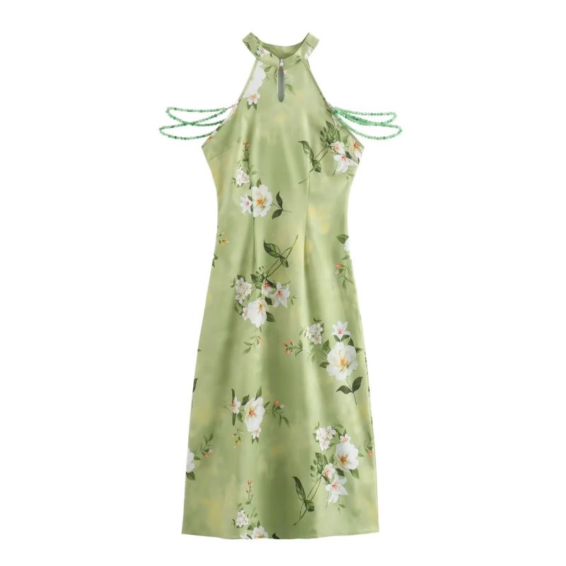 Falda Cheongsam Hasta La Rodilla Con Cuello Halter Estampada