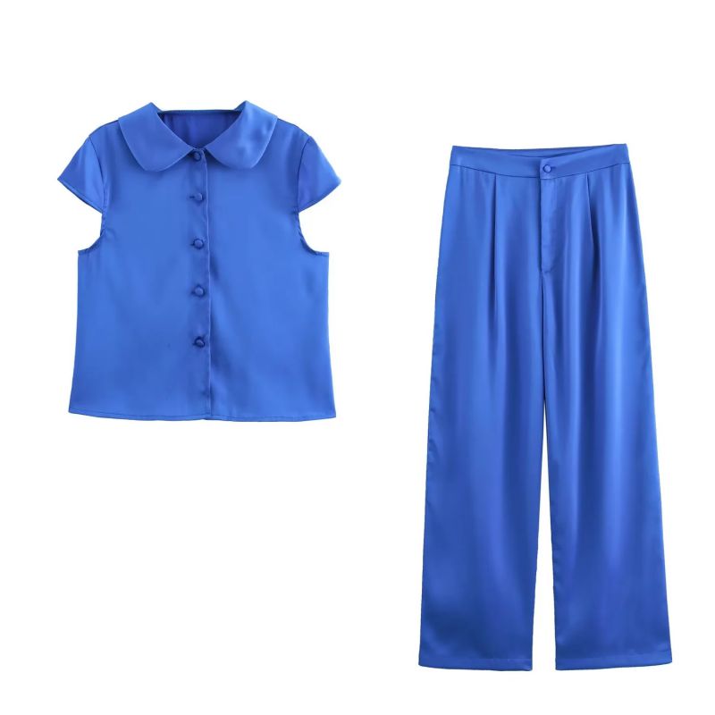 Traje De Pantalón Recto De Manga Corta Con Botones Y Solapa De Poliéster