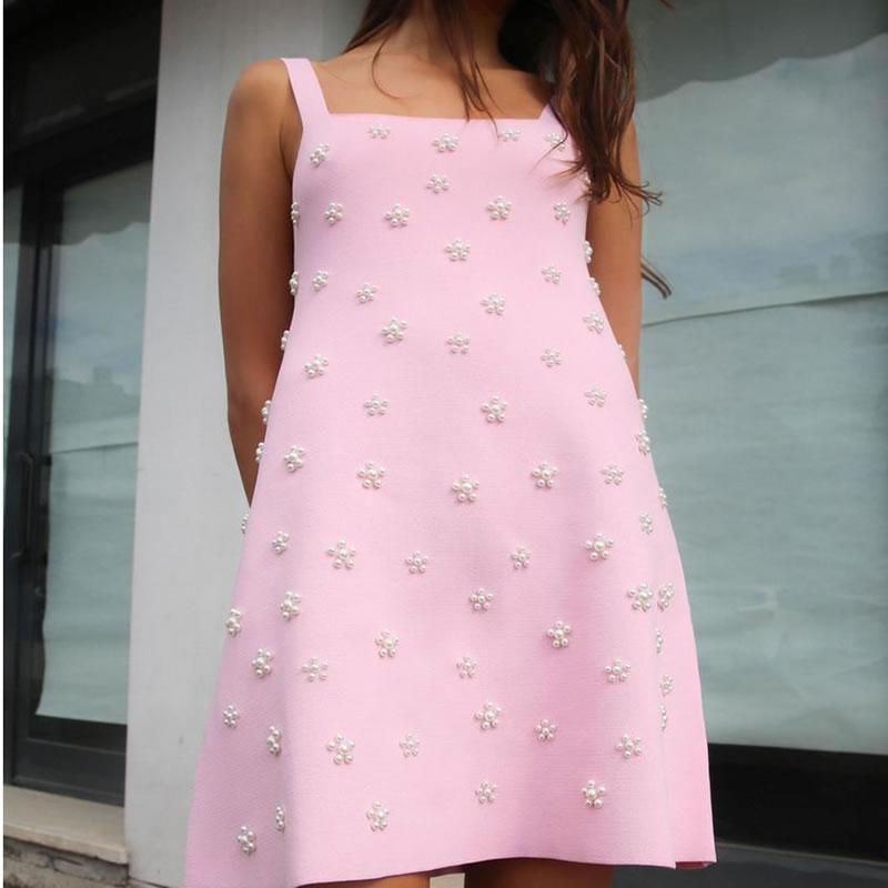 Fashion Pink Pearl-embellished Knitted Suspender Skirt