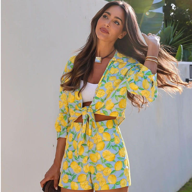 Fashion Yellow Polyester Printed Shorts