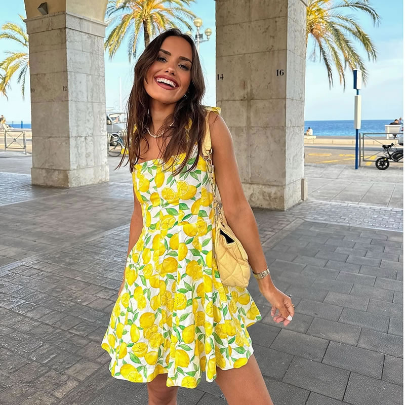 Fashion Yellow Polyester Printed Suspender Skirt