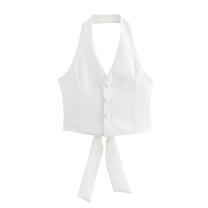 Fashion White Polyester Halterneck Vest