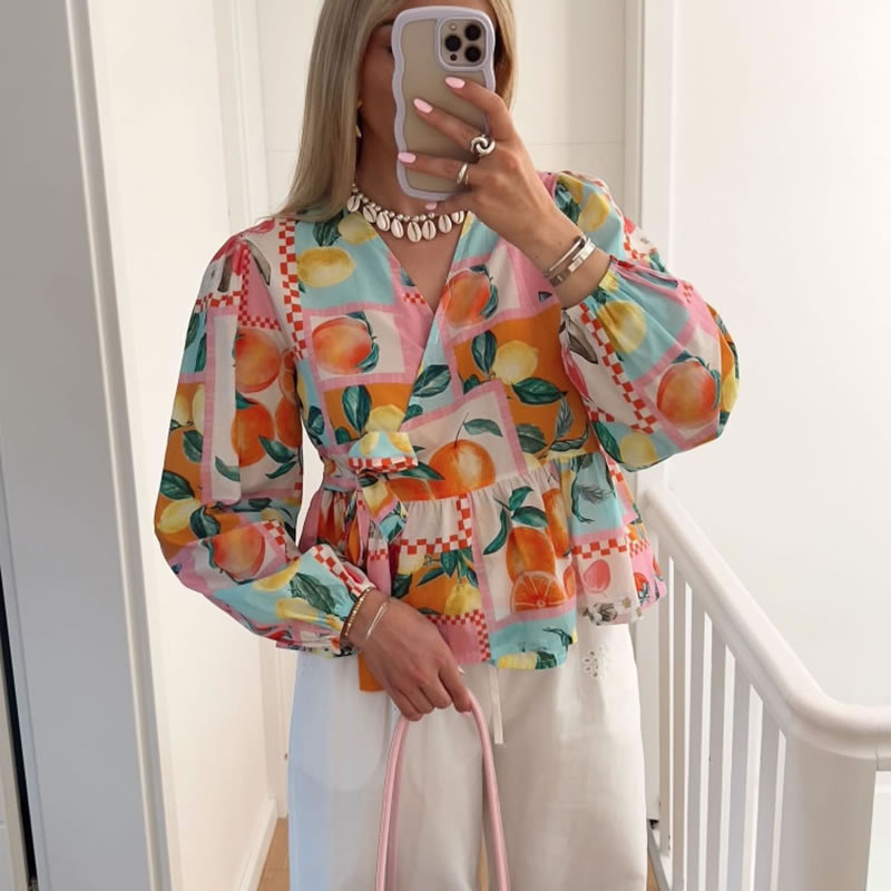 Fashion Color Printed Tie Long-sleeved Shirt