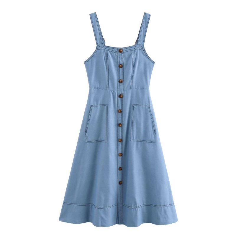 Fashion Blue Denim Buttoned Suspender Long Skirt