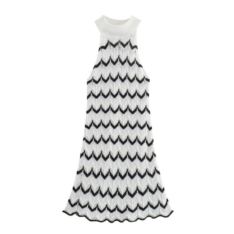Fashion Stripe Striped Halterneck Knitted Maxi Dress