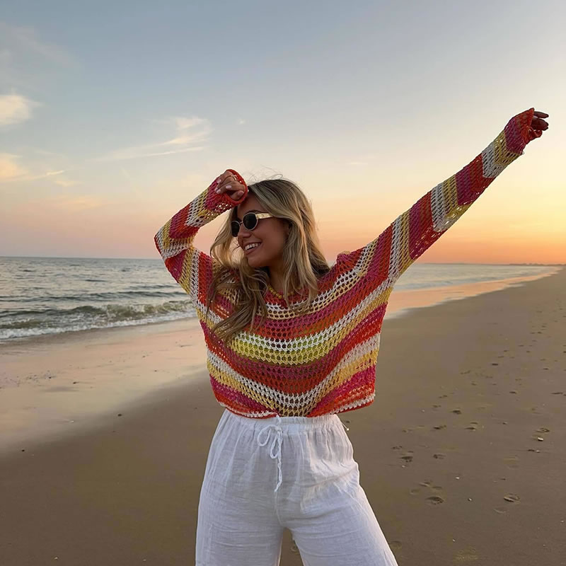 Fashion Color Bars Striped Knitted Cutout Long Sleeve Top