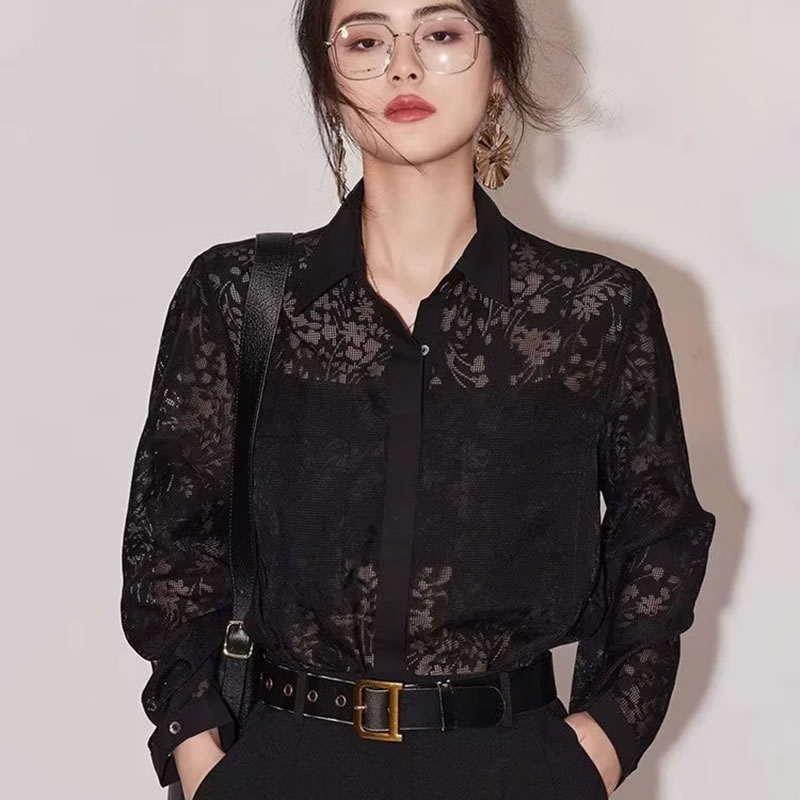Fashion Black Lace Panel Lapel Button-down Shirt