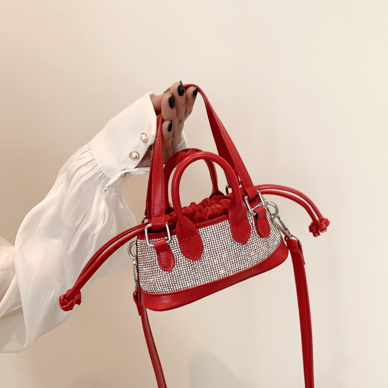 Fashion Rose Red Pu Diamond Large Capacity Crossbody Bag