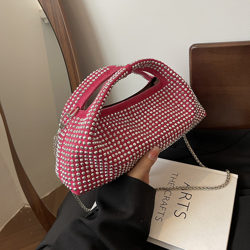 Fashion Rose Red Pu Diamond Large Capacity Crossbody Bag