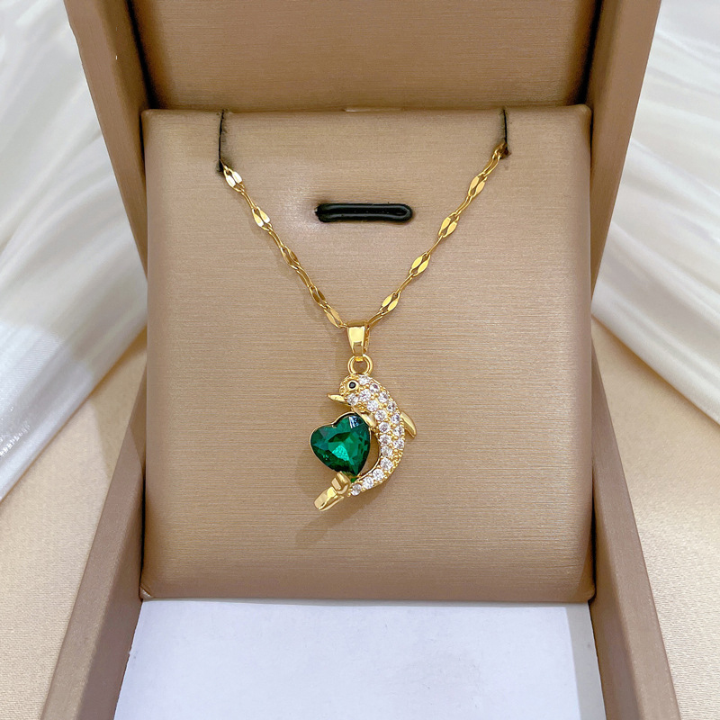 Fashion Gold Titanium Steel Diamond Heart Dolphin Necklace