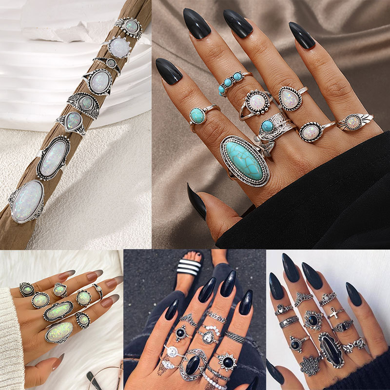 Fashion Antique Silver Crown Elephant Ring Set Alloy Geometric Turquoise Ring Set