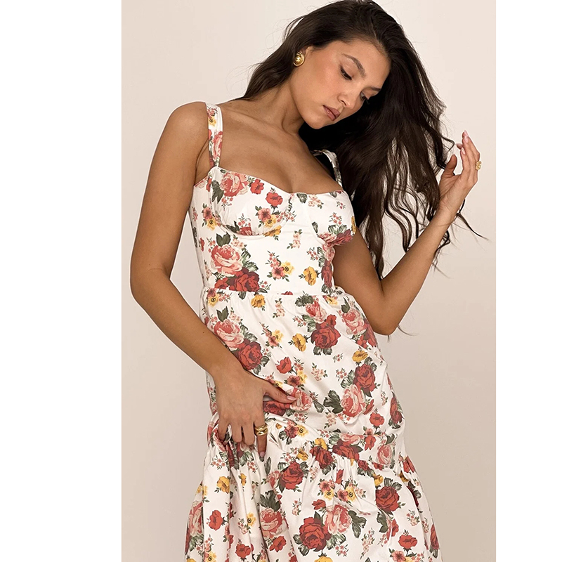 Fashion Color Cotton Printed Suspender Dress