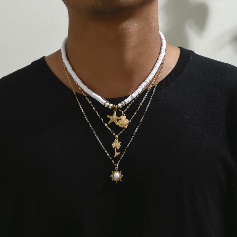 Fashion Gold Polymer Clay Beaded Starfish Shell Coconut Tree Multi-layered Necklace For Men