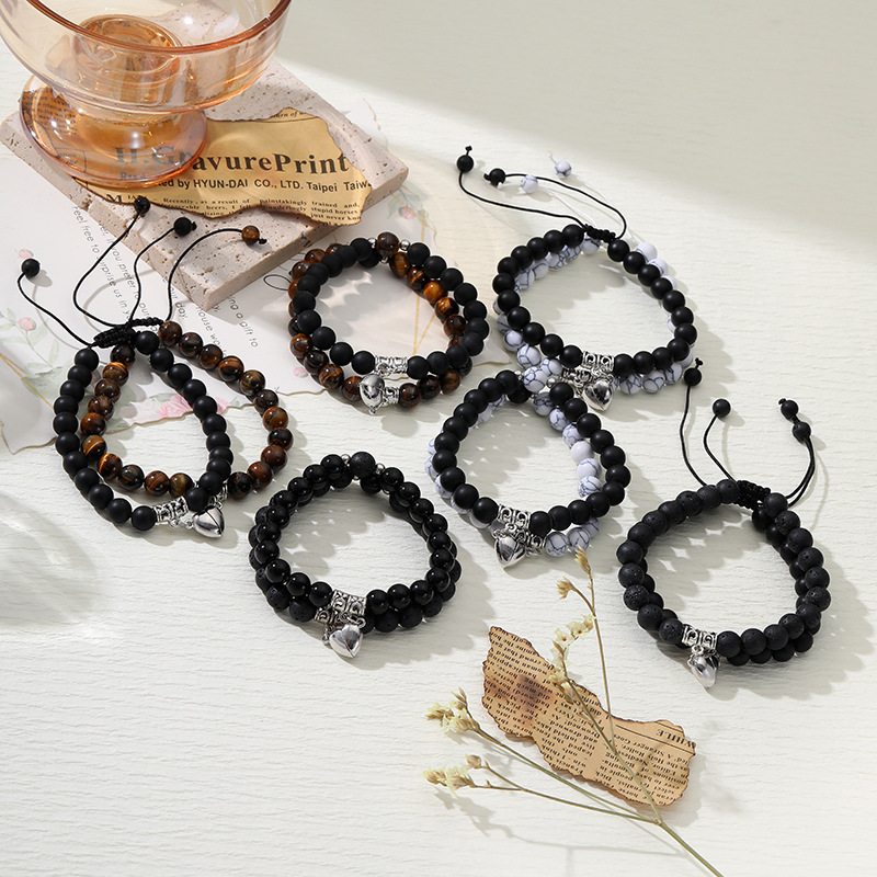 Fashion Elastic Line Black Matte + White Turquoise A Pair Of Geometric Beaded Magnetic Heart Bracelets