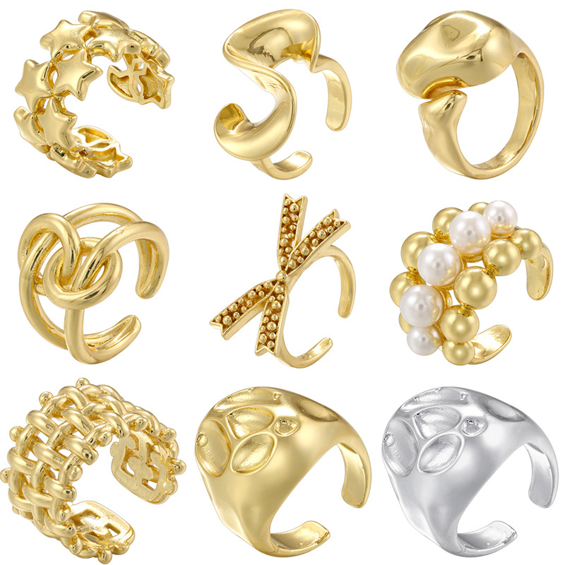 Fashion Gold Copper Pearl Geometric Open Ring