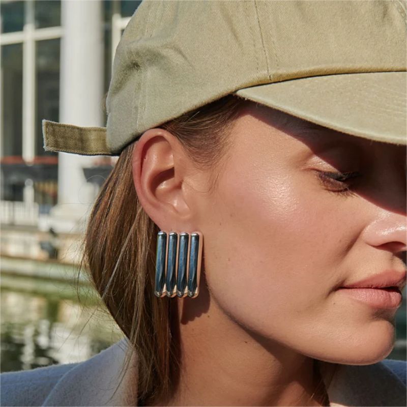 Fashion Silver Stainless Steel Geometric Vertical Stripe Earrings