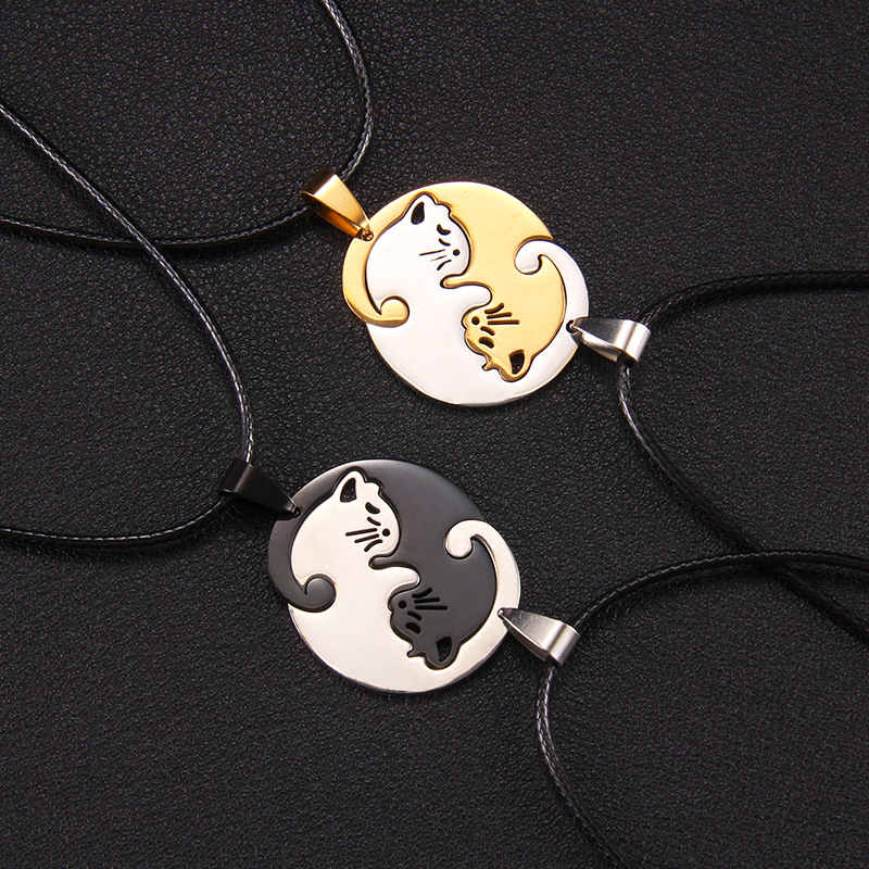 Fashion A Pair Of Oval Black Cats (with Wax Rope) A Pair Of Stainless Steel Cat Necklaces