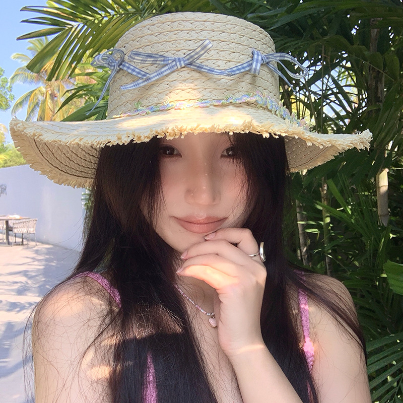 Fashion Nabi Same Style Khaki Straw Flat Top Wide Brim Sun Hat